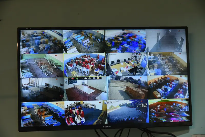 The CCTV monitor showing live views of the classrooms