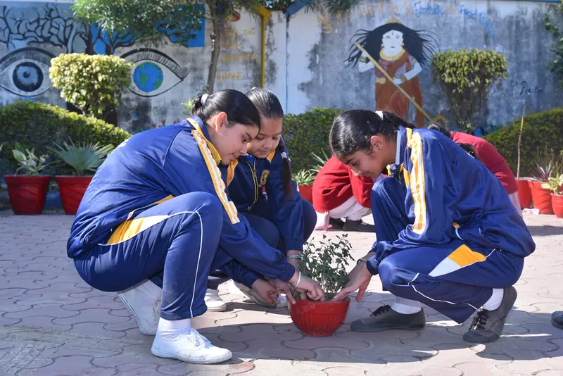 Students in tracksuits potting a plant