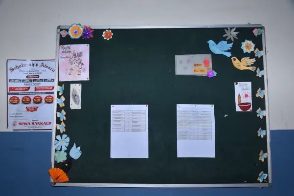 A classroom notice board with student work